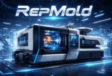 RepMold industrial machine in a futuristic production facility, highlighting modern automated molding and manufacturing technology.