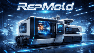 RepMold industrial machine in a futuristic production facility, highlighting modern automated molding and manufacturing technology.