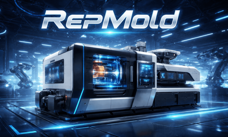 RepMold industrial machine in a futuristic production facility, highlighting modern automated molding and manufacturing technology.
